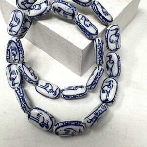 Vintage Hand Painted Porcelain Beads Asian Style Loons Birds Blue n White 24pcs